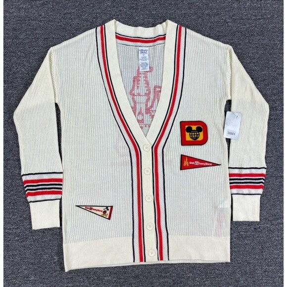 Disney Cardigan Sweater Adult Medium Beige Retro Varsity 50th Anniversary Vault - Picture 1 of 16